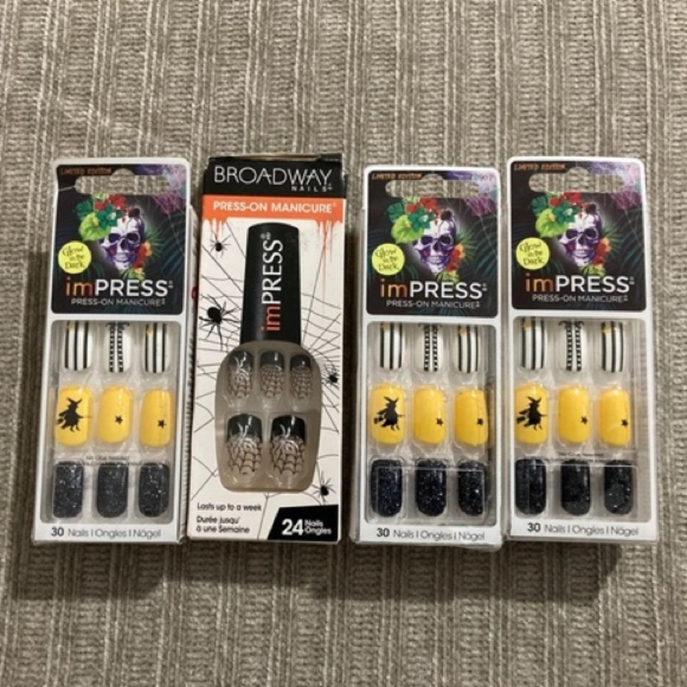 Impress Halloween Nails Witch Spiders Press On Glitter Glow In The Dark 4 Sets